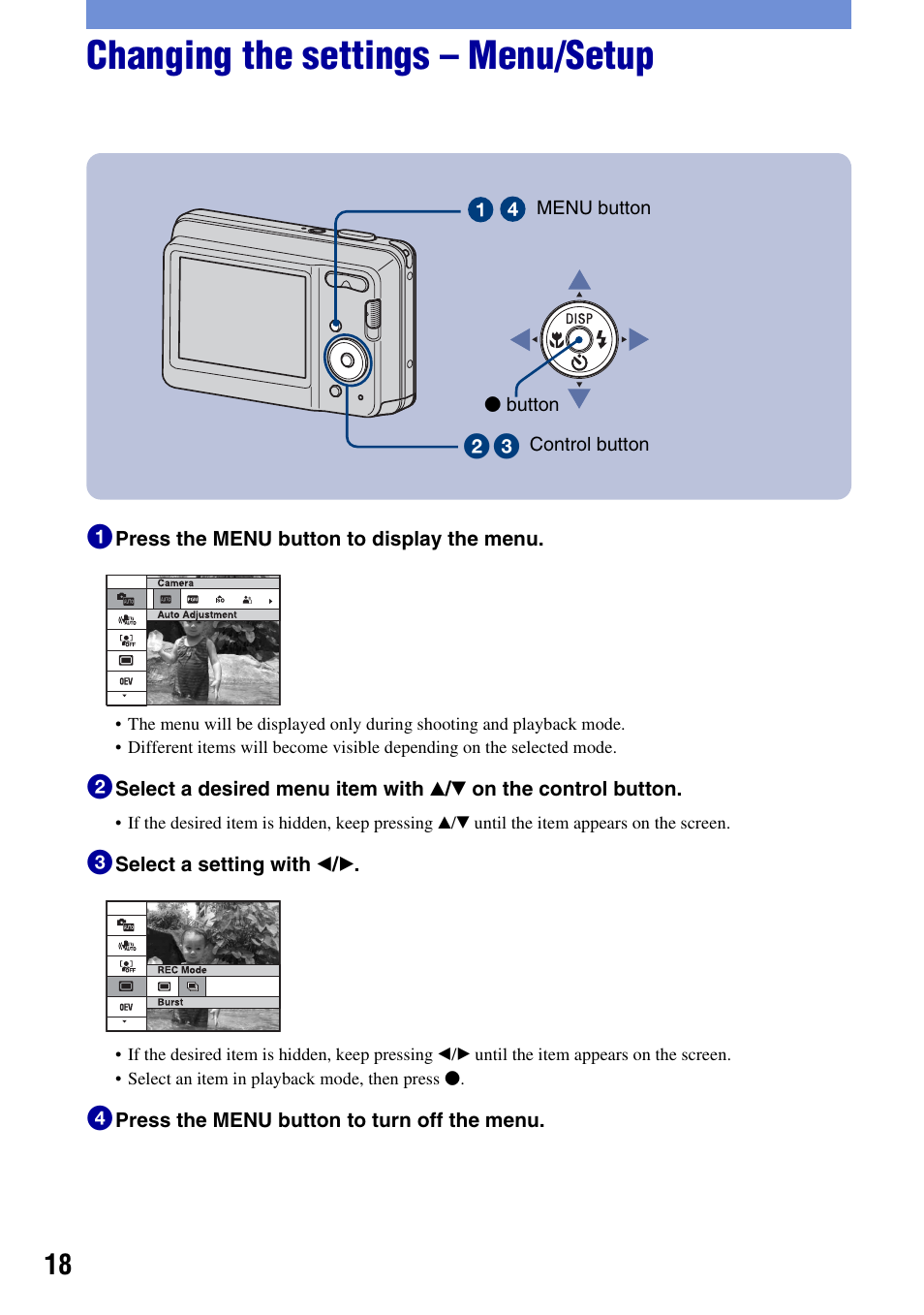 Changing the settings - menu/setup, Changing the settings – menu/setup | Sony DSC-S930 User Manual | Page 18 / 32