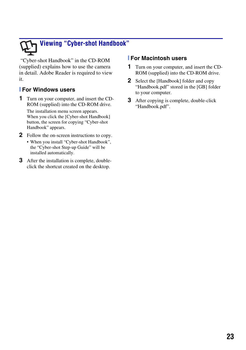 Viewing “cyber-shot handbook | Sony DSC-S930 User Manual | Page 23 / 32