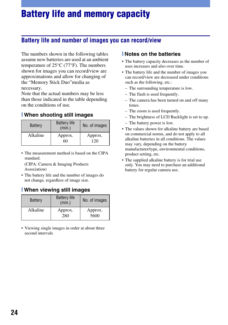 Battery life and memory capacity | Sony DSC-S930 User Manual | Page 24 / 32