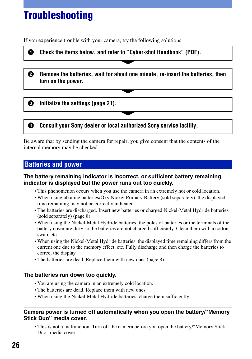 Troubleshooting, Batteries and power | Sony DSC-S930 User Manual | Page 26 / 32