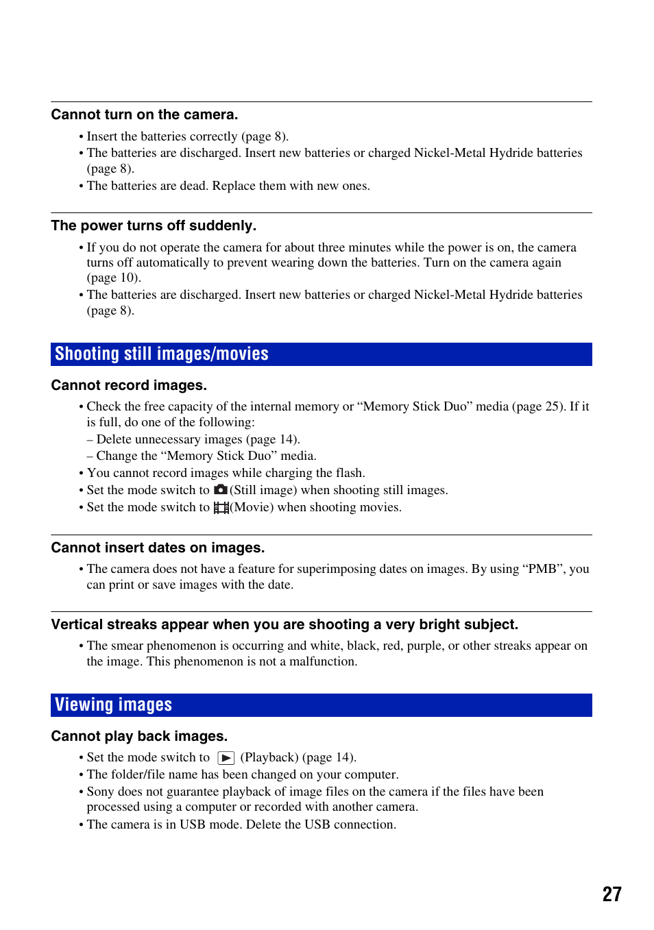 Shooting still images/movies, Viewing images, Shooting still images/movies viewing images | Sony DSC-S930 User Manual | Page 27 / 32