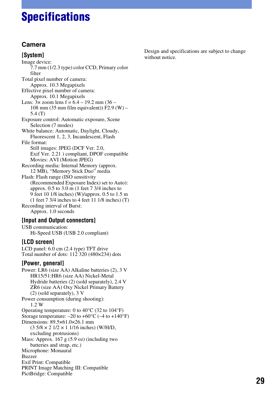 Specifications | Sony DSC-S930 User Manual | Page 29 / 32