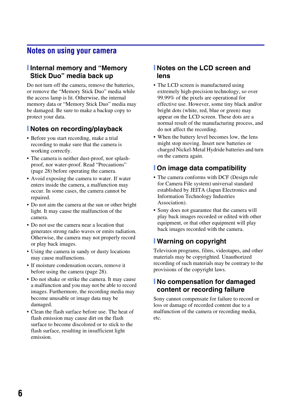 Notes on using your camera | Sony DSC-S930 User Manual | Page 6 / 32