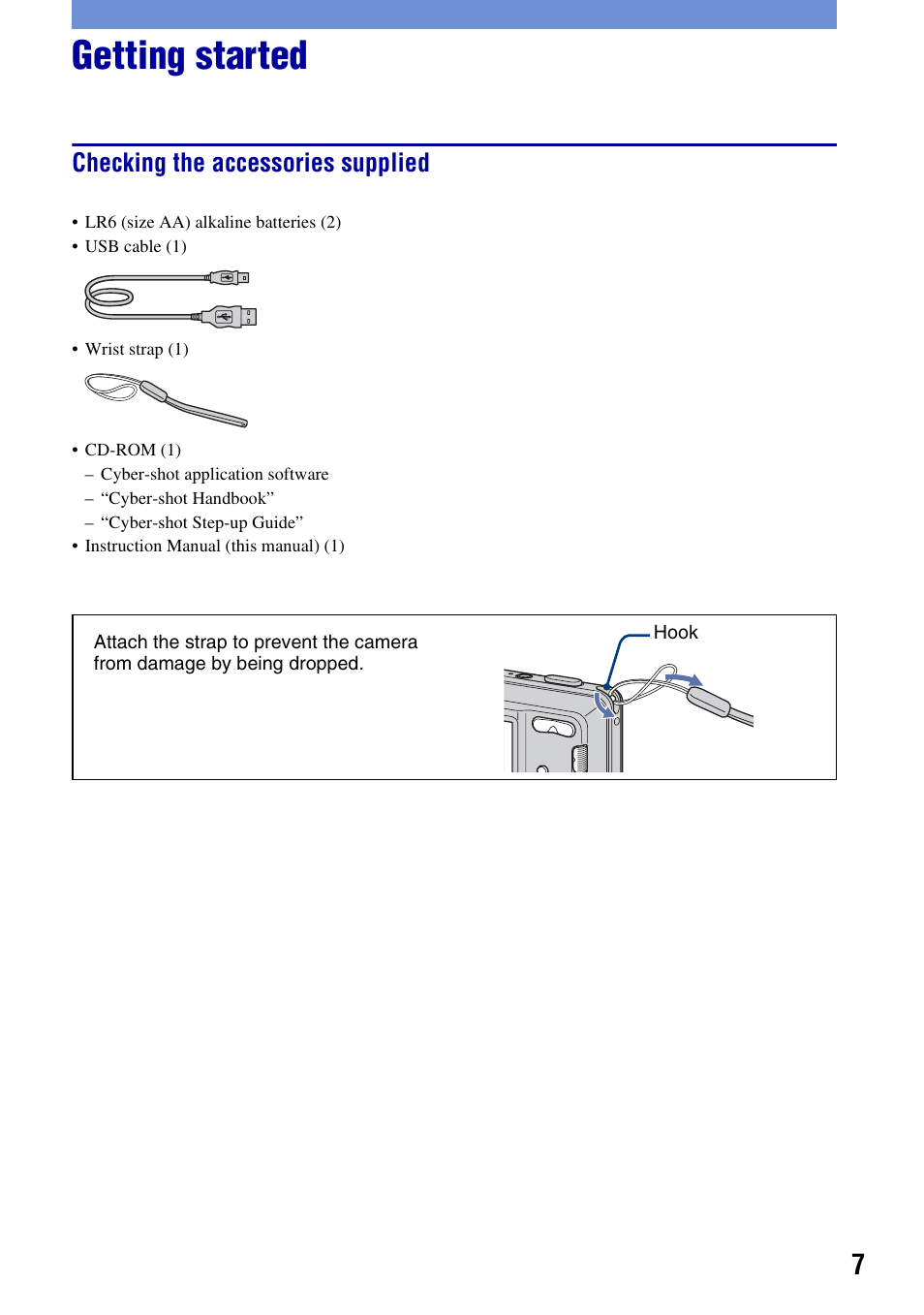 Getting started, Checking the accessories supplied | Sony DSC-S930 User Manual | Page 7 / 32