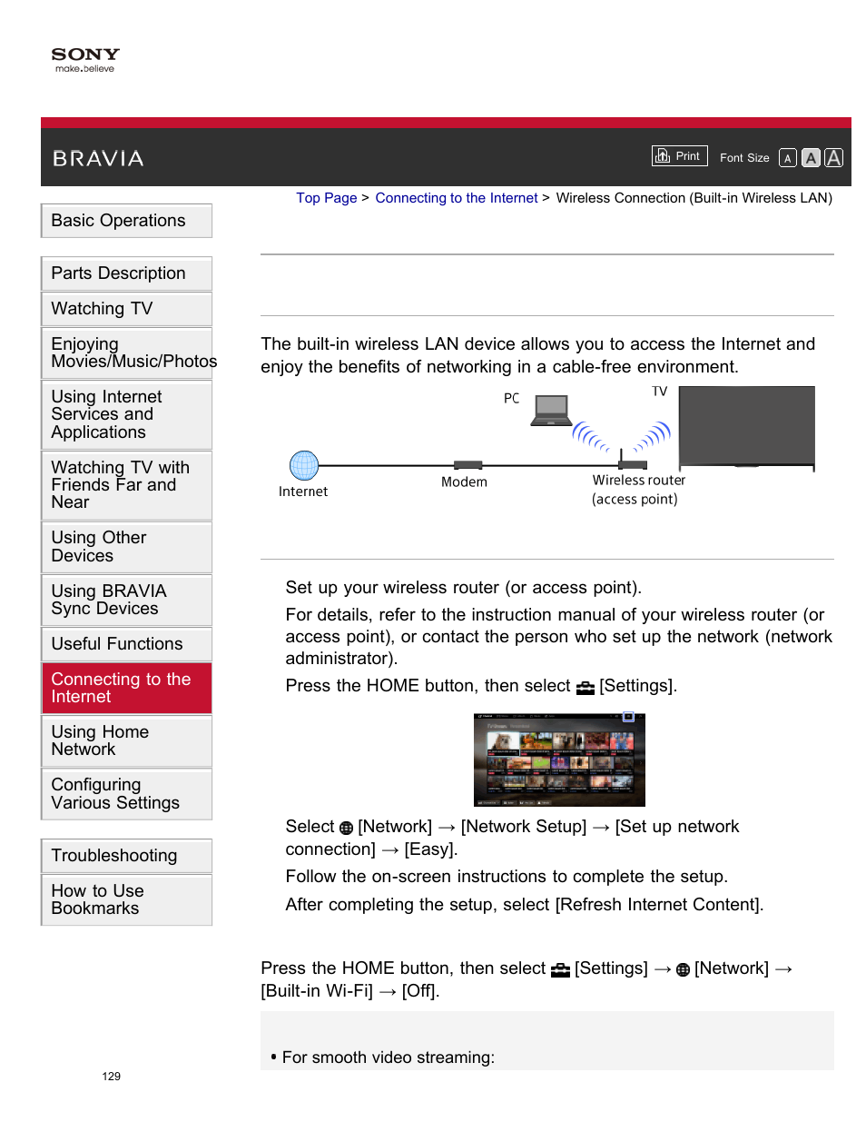 Wireless connection (built-in wireless lan) | Sony KDL-55W950B User Manual | Page 135 / 245