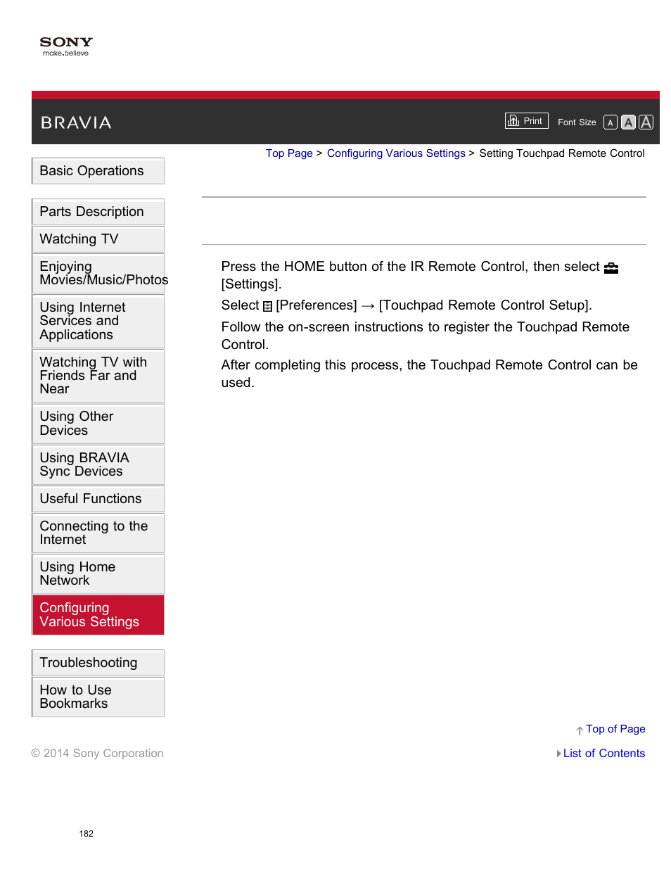 Setting touchpad remote control | Sony KDL-55W950B User Manual | Page 188 / 245