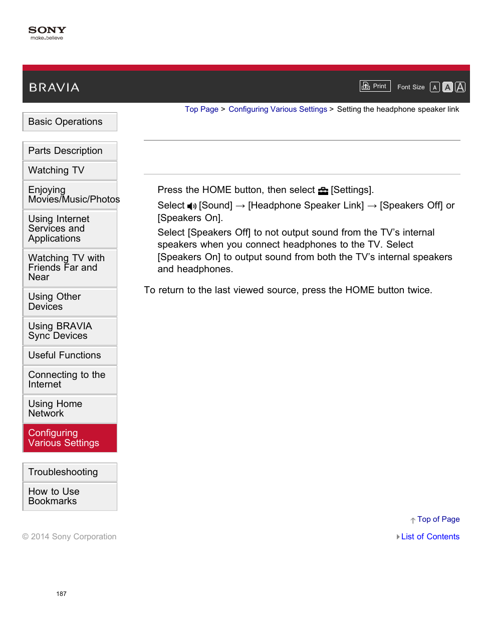Setting the headphone speaker link | Sony KDL-55W950B User Manual | Page 193 / 245