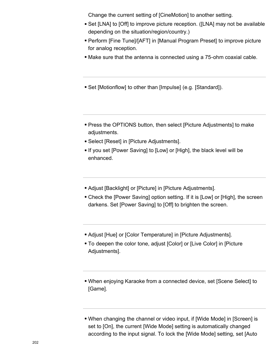 The screen flickers, Dark screen. how to brighten the screen, Color is not correct. how to adjust the color tone | There is lag between video and sound, Screen format/wide mode changes automatically | Sony KDL-55W950B User Manual | Page 208 / 245