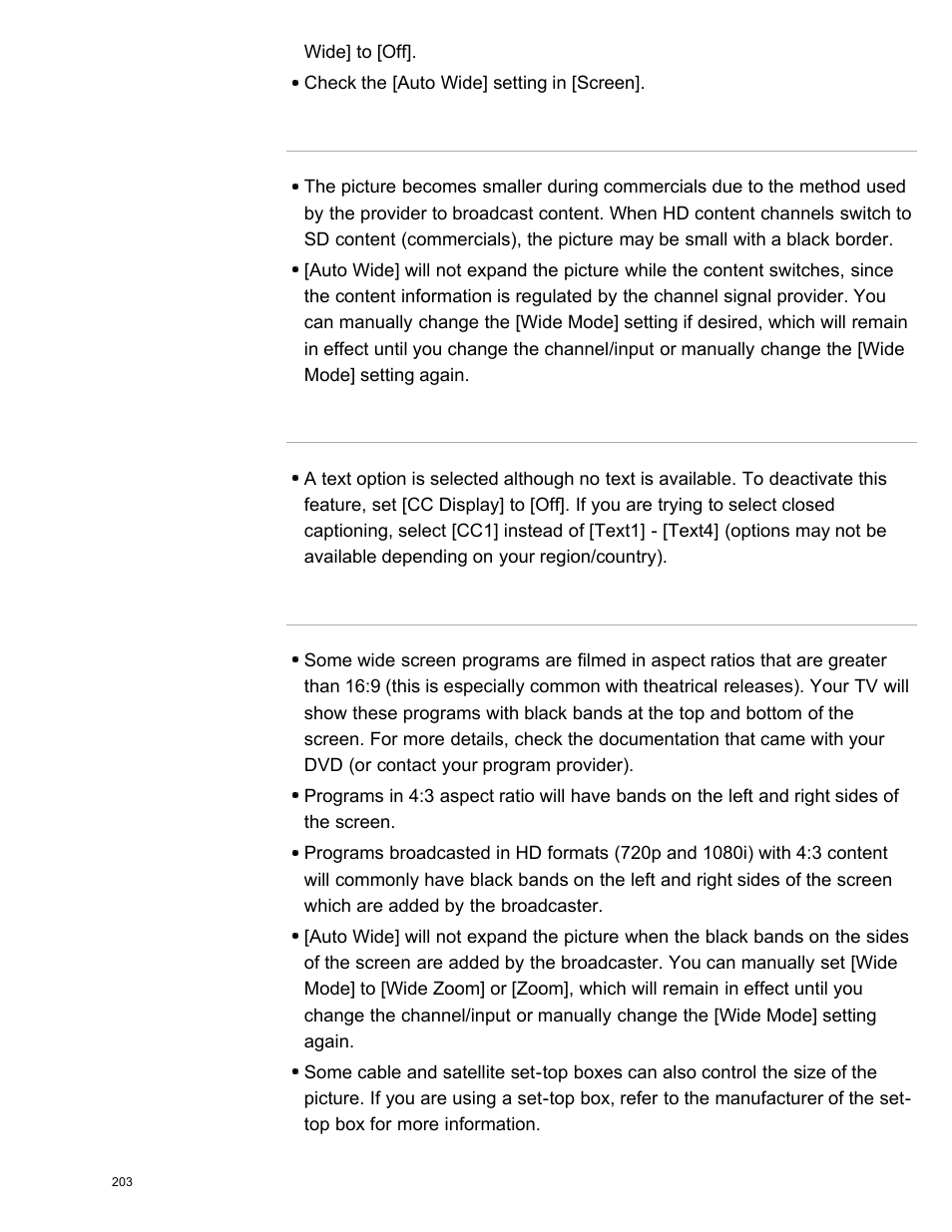 Suddenly the picture becomes small, A black box appears on the screen, Black bands appear at the edges of the screen | Sony KDL-55W950B User Manual | Page 209 / 245