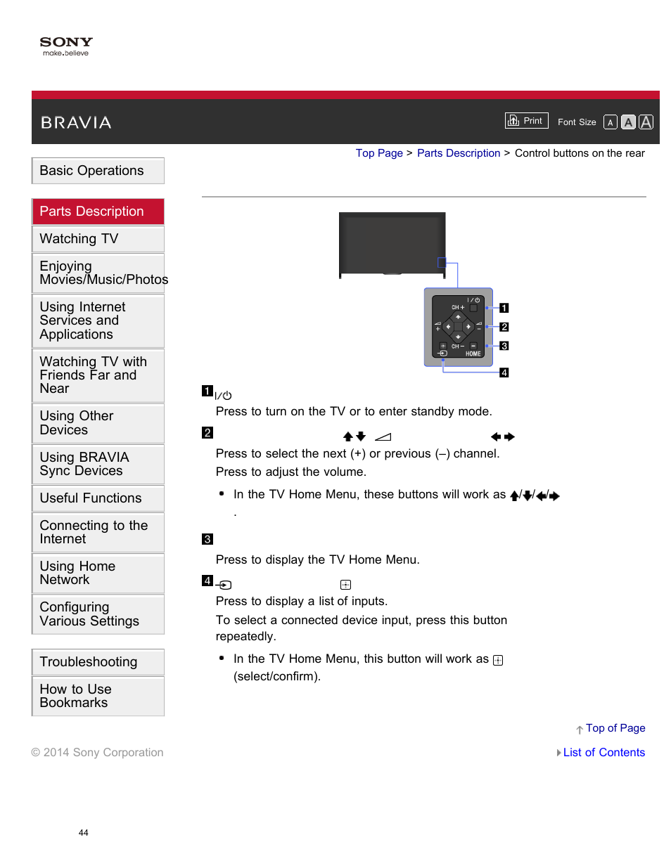 Control buttons on the rear | Sony KDL-55W950B User Manual | Page 50 / 245