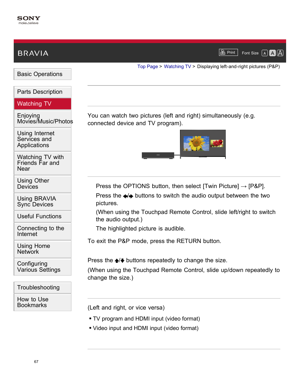 Displaying left-and-right pictures (p&p) | Sony KDL-55W950B User Manual | Page 73 / 245