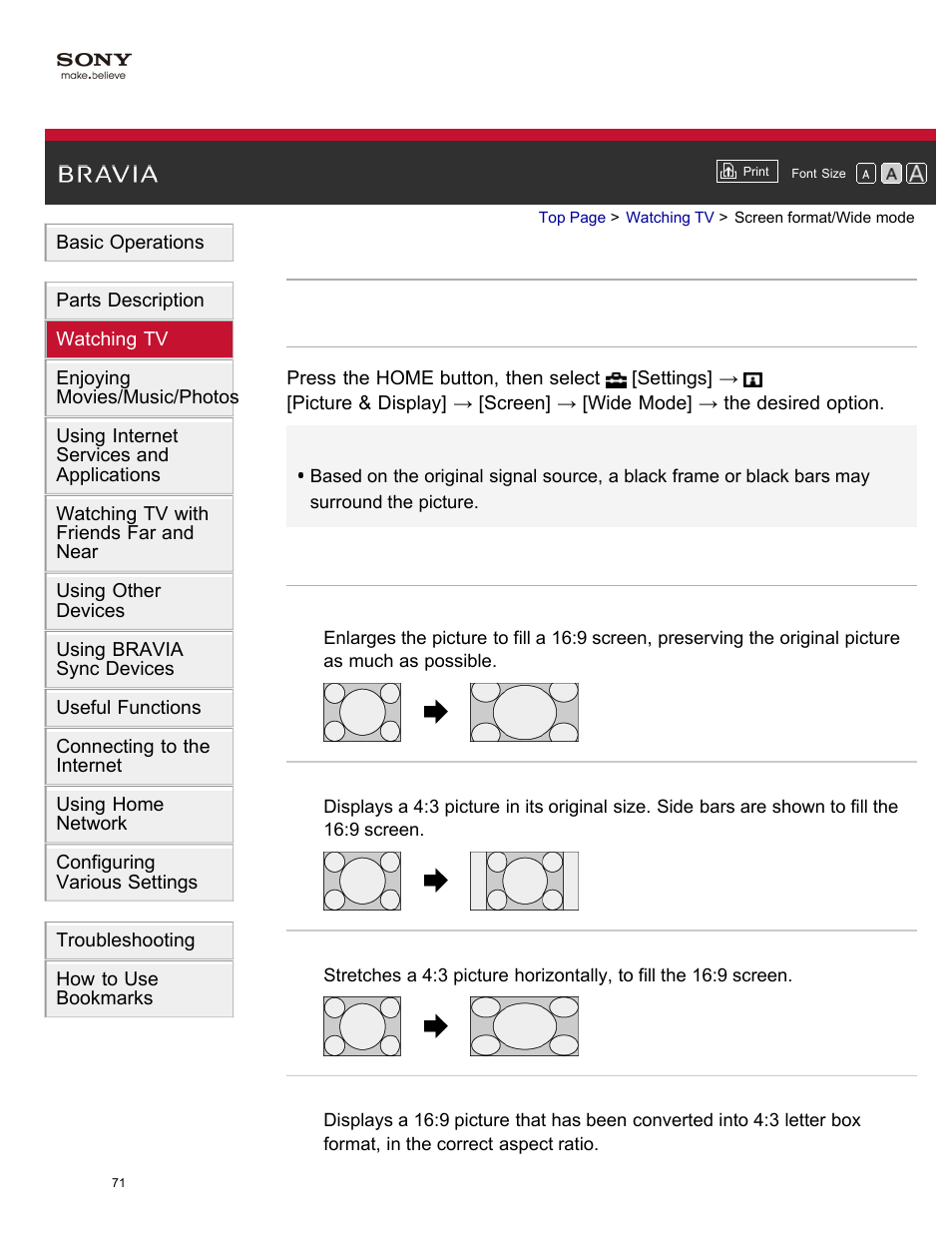 Screen format/wide mode | Sony KDL-55W950B User Manual | Page 77 / 245