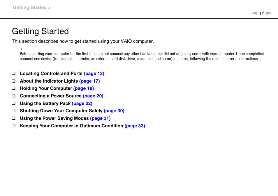 Getting started | Sony VPCP114KX User Manual | Page 11 / 172