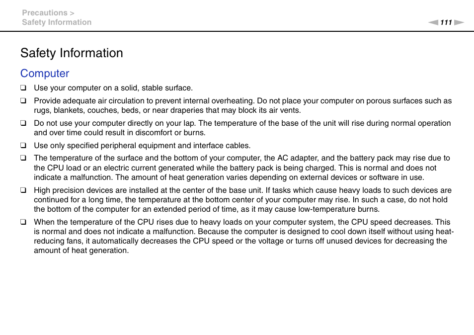 Safety information, Computer | Sony VPCP114KX User Manual | Page 111 / 172