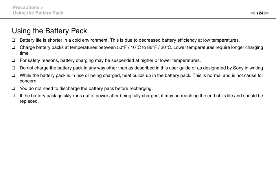 Using the battery pack | Sony VPCP114KX User Manual | Page 124 / 172