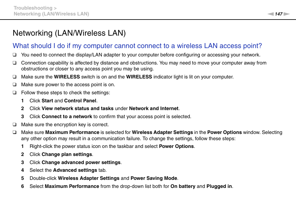 Networking (lan/wireless lan) | Sony VPCP114KX User Manual | Page 147 / 172