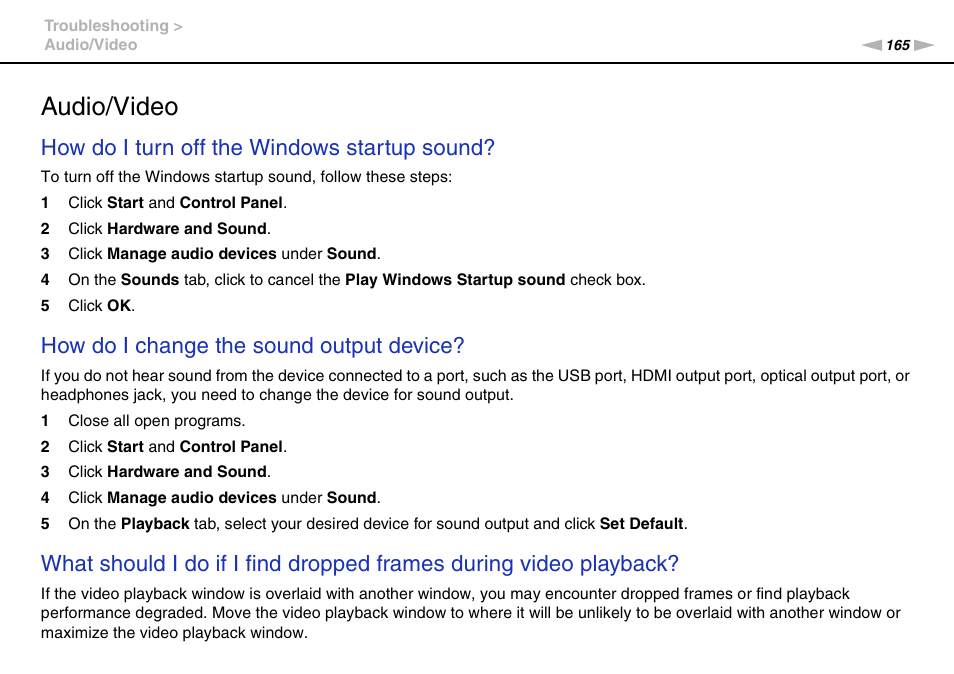 Audio/video, How do i turn off the windows startup sound, How do i change the sound output device | Sony VPCP114KX User Manual | Page 165 / 172