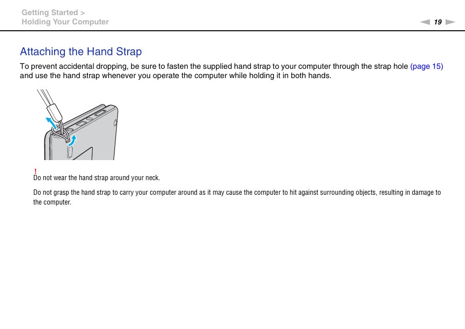 Attaching the hand strap | Sony VPCP114KX User Manual | Page 19 / 172