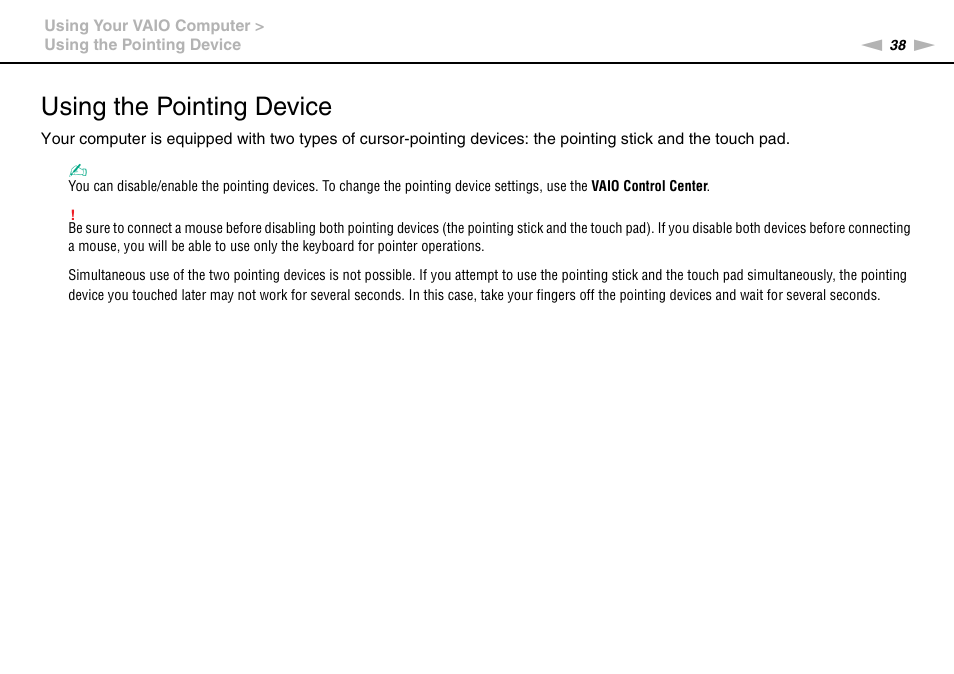 Using the pointing device | Sony VPCP114KX User Manual | Page 38 / 172