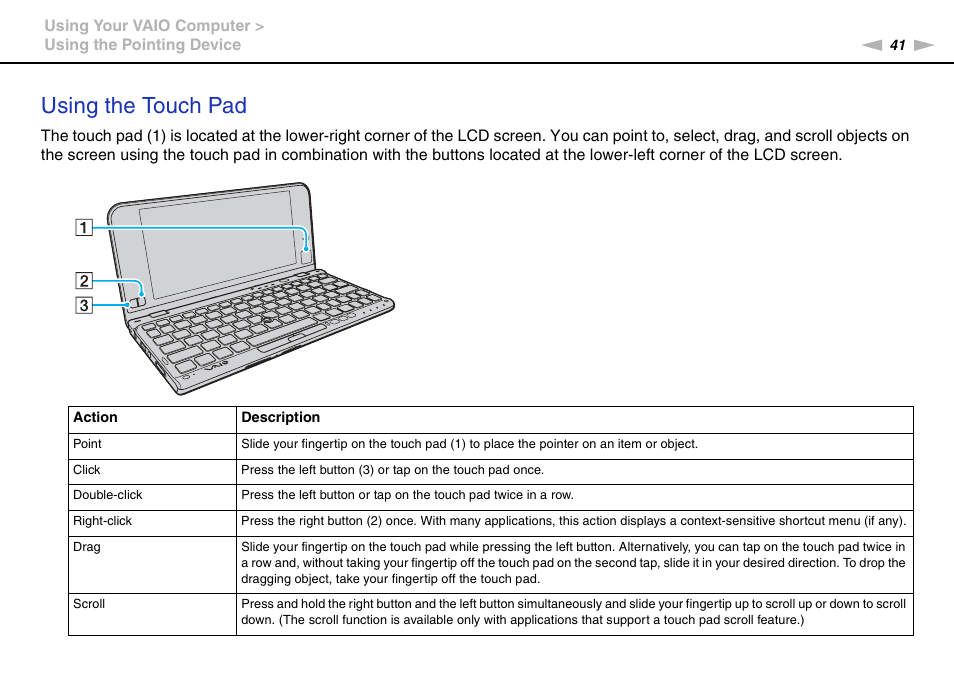 Using the touch pad | Sony VPCP114KX User Manual | Page 41 / 172