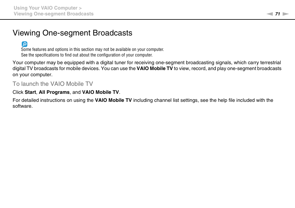 Viewing one-segment broadcasts | Sony VPCP114KX User Manual | Page 71 / 172