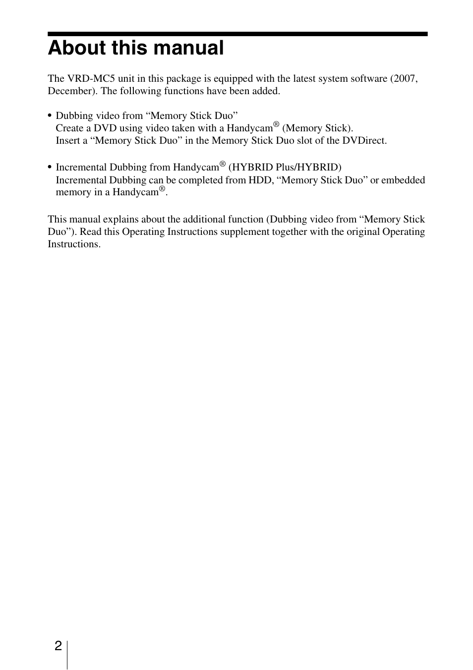 About this manual | Sony VRD-MC5 User Manual | Page 2 / 12