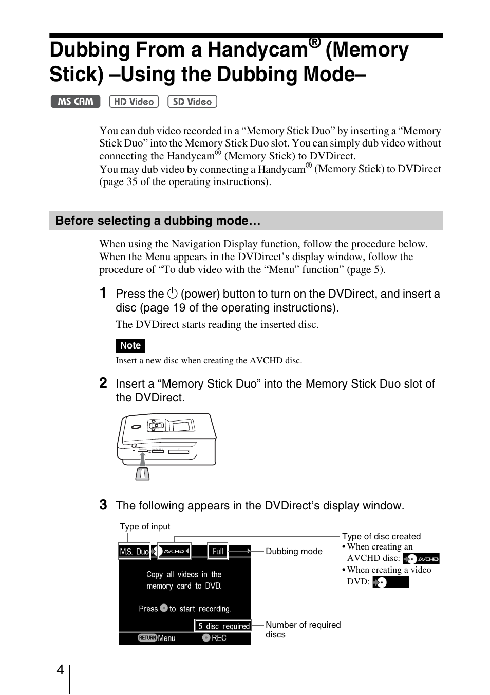 Before selecting a dubbing mode, Dubbing from a handycam | Sony VRD-MC5 User Manual | Page 4 / 12