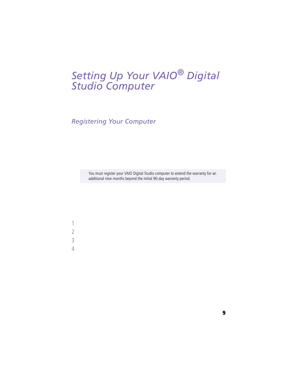 Setting up your vaio® digital studio computer, Registering your computer, Setting up your vaio digital studio computer | Setting up your vaio, Digital studio computer | Sony PCV-R549DS User Manual | Page 13 / 48