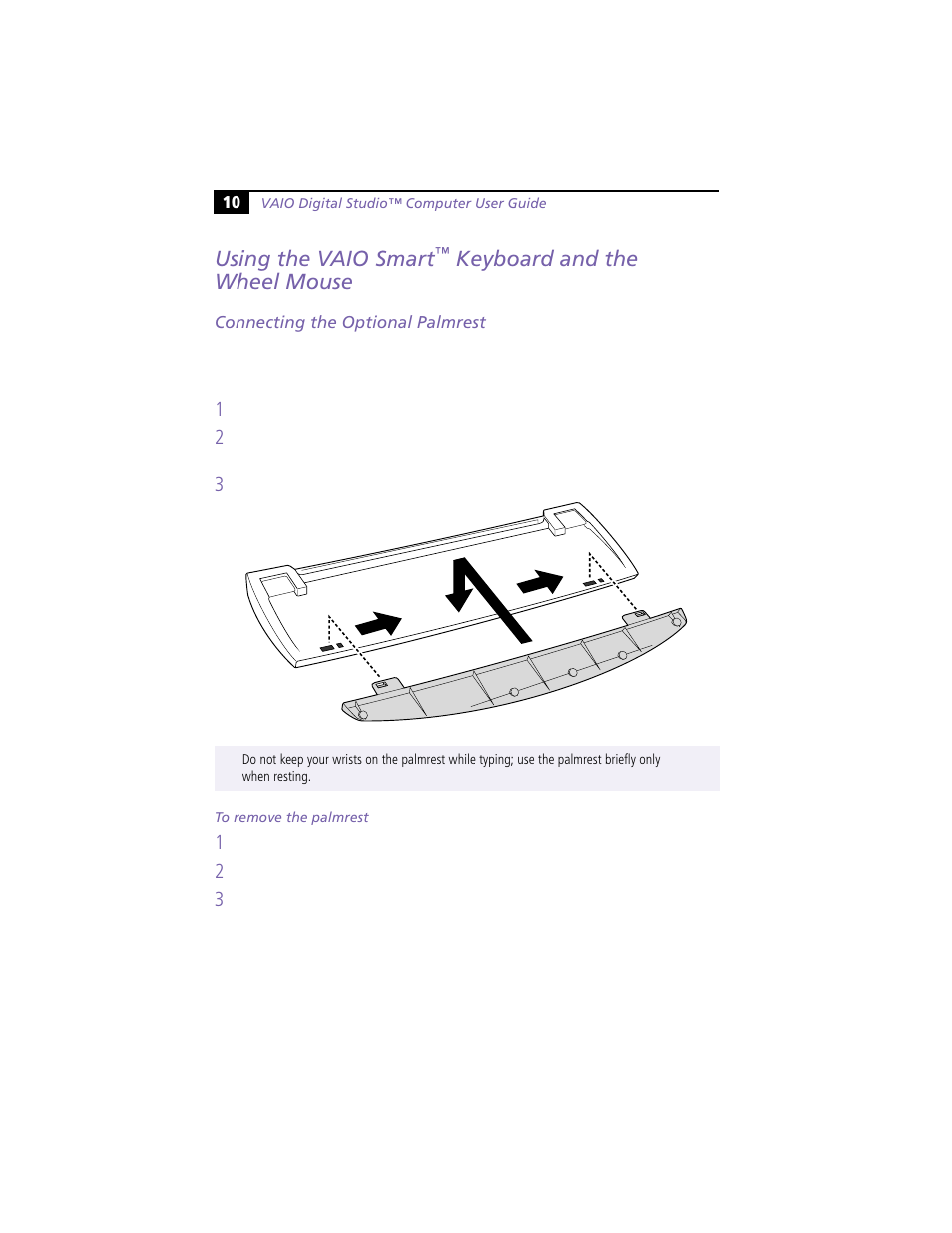 Using the vaio smart™ keyboard and the wheel mouse, Connecting the optional palmrest, Using the vaio smart | Keyboard and the wheel mouse | Sony PCV-R549DS User Manual | Page 14 / 48
