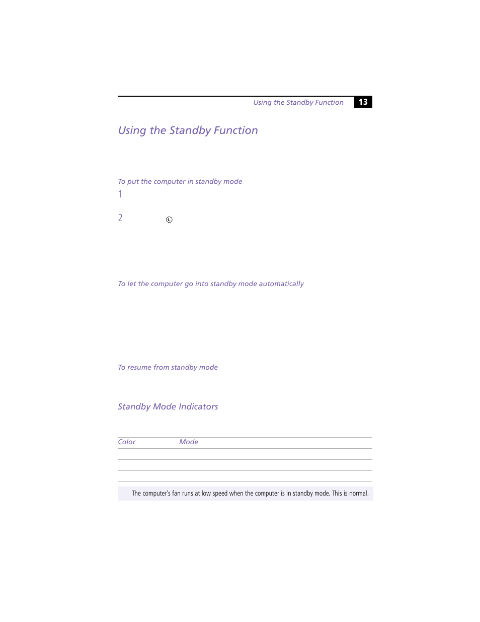 Using the standby function, Standby mode indicators | Sony PCV-R549DS User Manual | Page 17 / 48