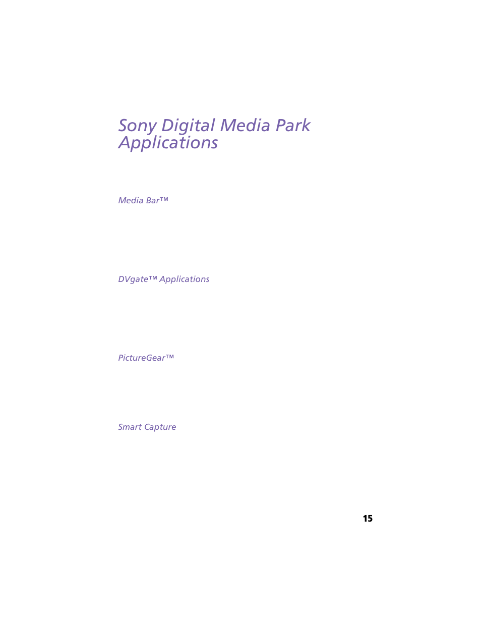 Sony digital media park applications, Media bar, Dvgate™ applications | Picturegear, Smart capture | Sony PCV-R549DS User Manual | Page 19 / 48