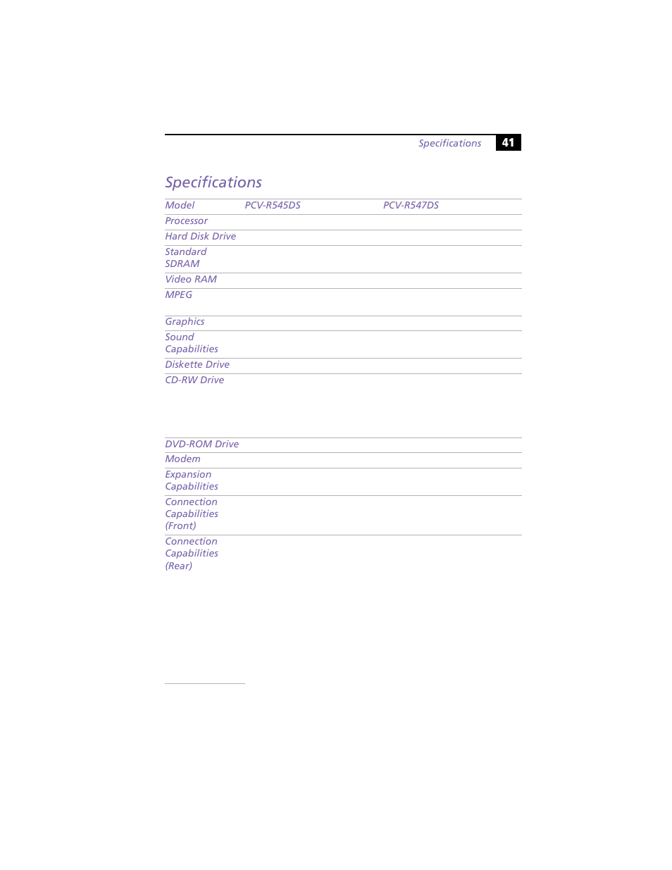 Specifications | Sony PCV-R549DS User Manual | Page 45 / 48