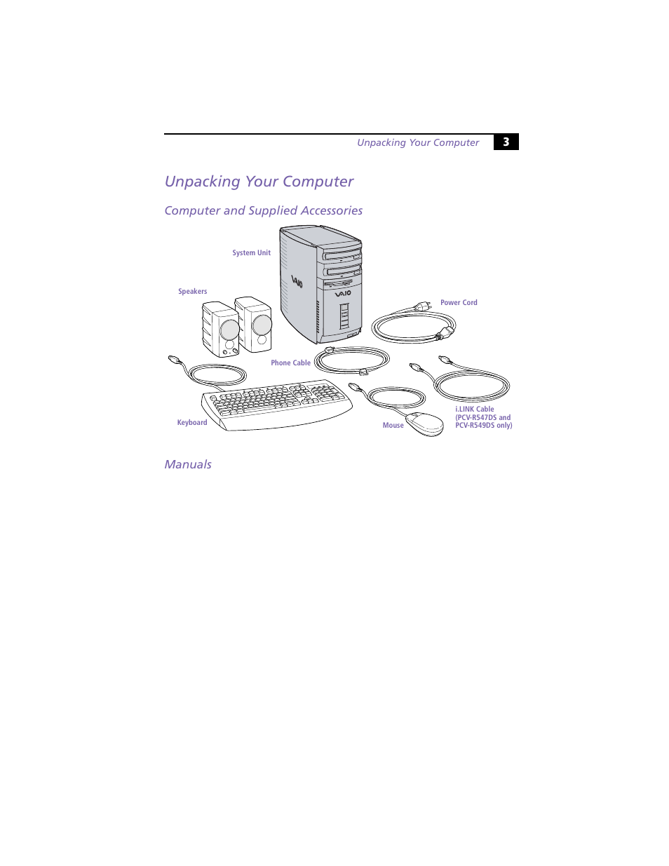 Unpacking your computer, Computer and supplied accessories, Manuals | Computer and supplied accessories manuals | Sony PCV-R549DS User Manual | Page 7 / 48