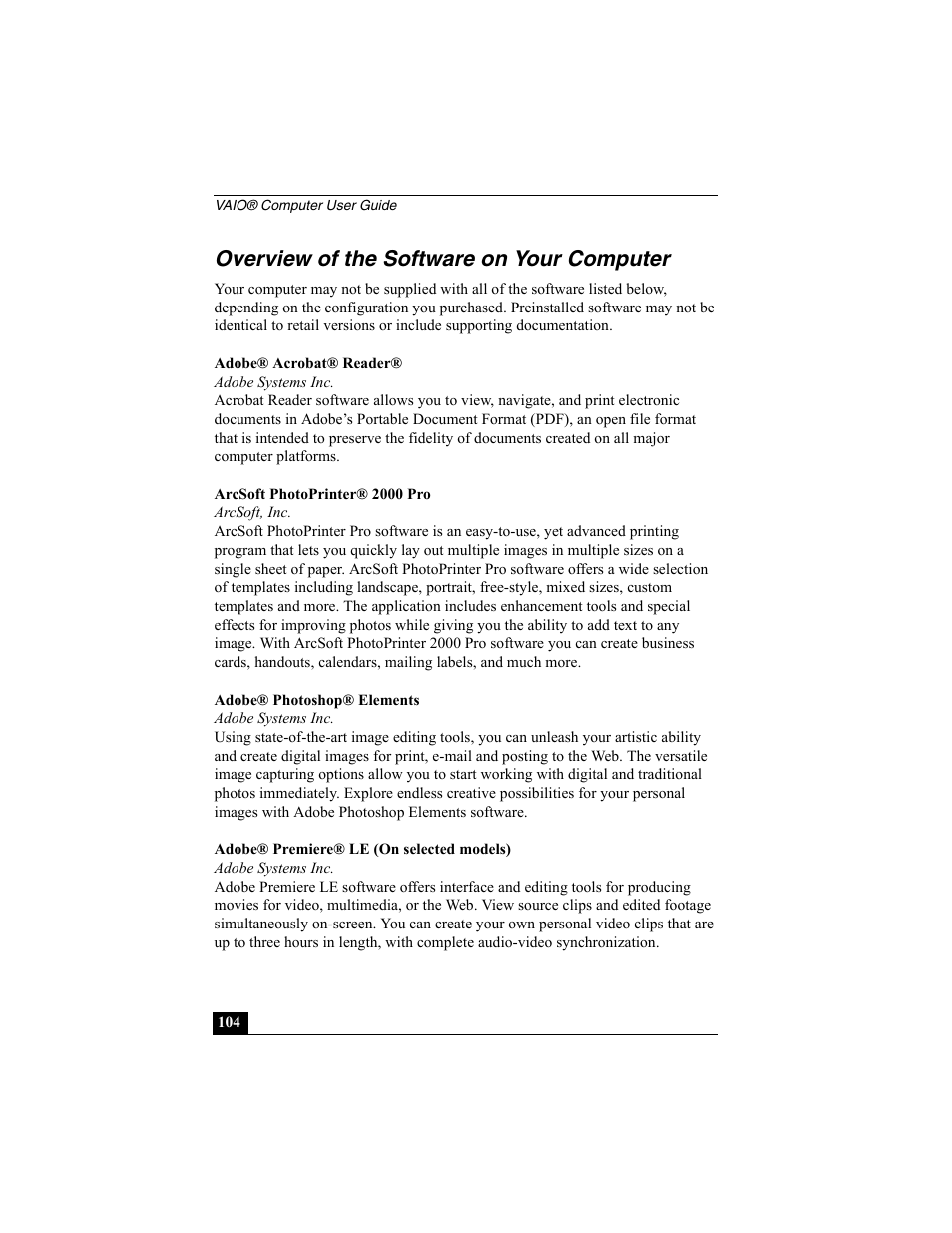 Overview of the software on your computer | Sony PCG-R505EC User Manual | Page 104 / 222