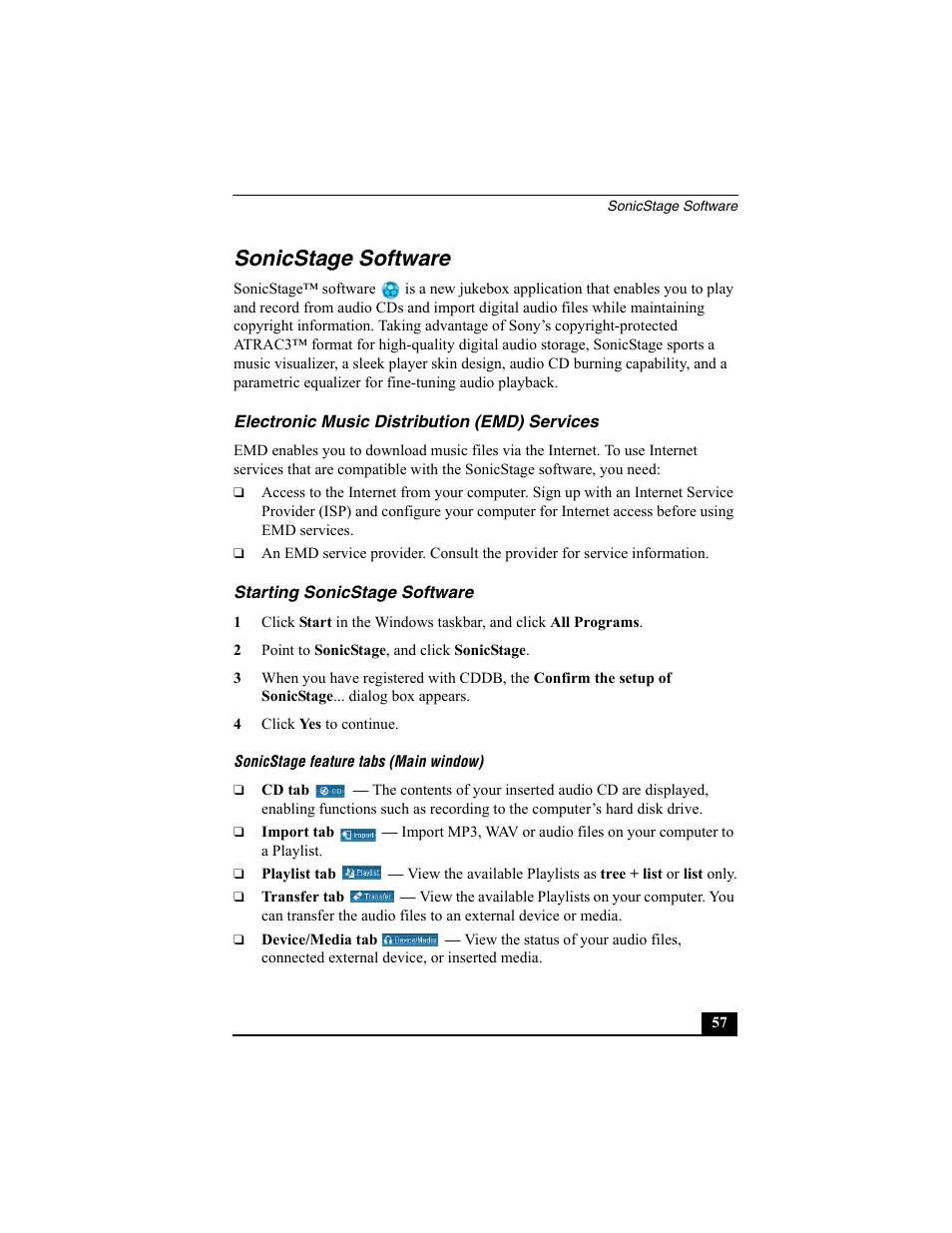 Sonicstage software, Electronic music distribution (emd) services, Starting sonicstage software | Sony PCG-R505EC User Manual | Page 149 / 222