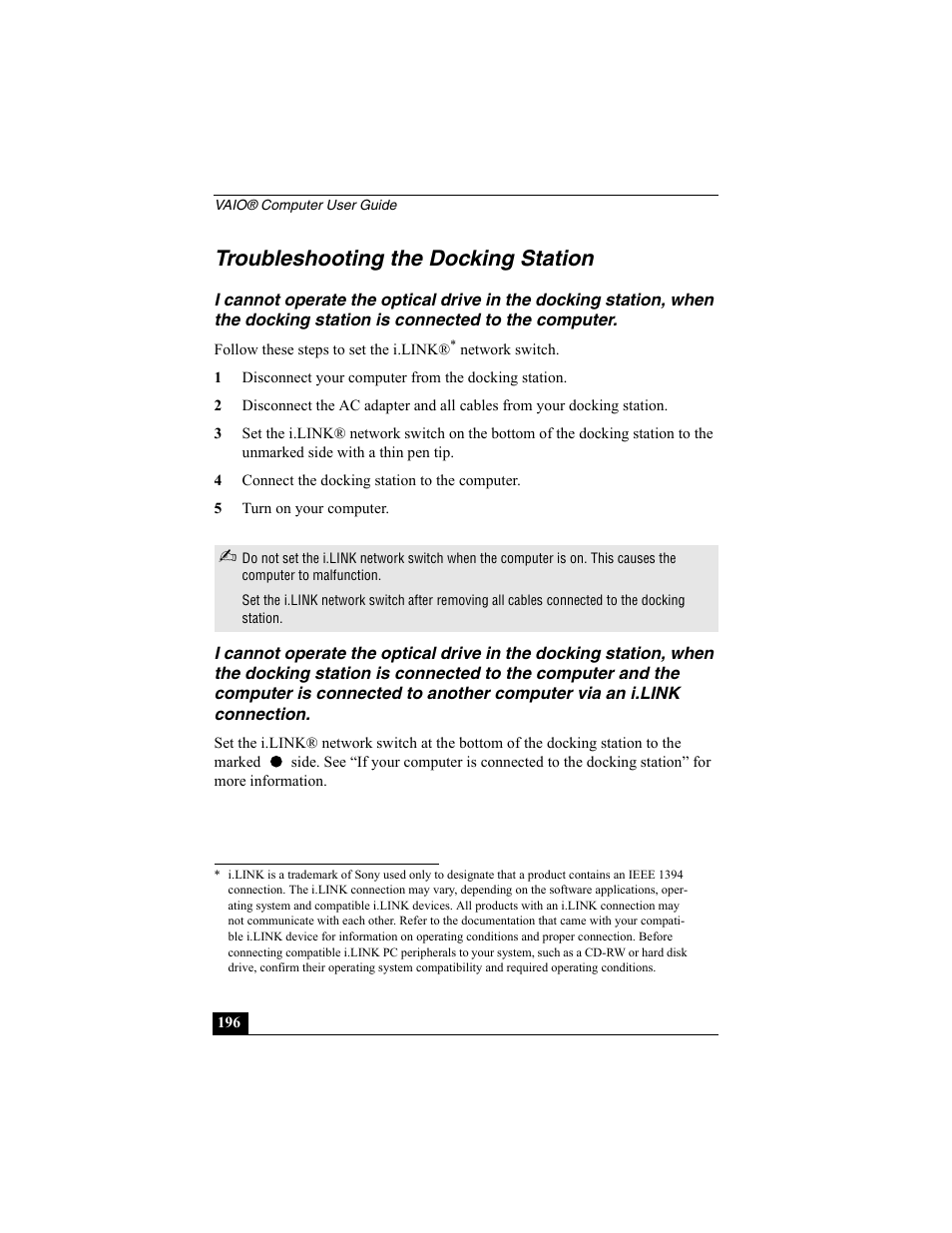 Troubleshooting the docking station | Sony PCG-R505EC User Manual | Page 196 / 222