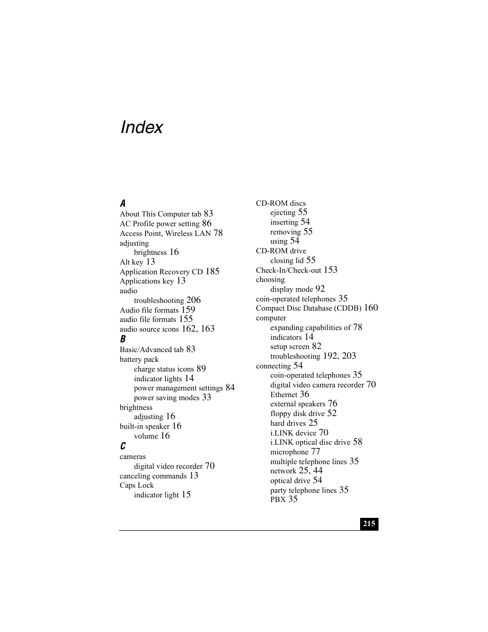 Index | Sony PCG-R505EC User Manual | Page 215 / 222