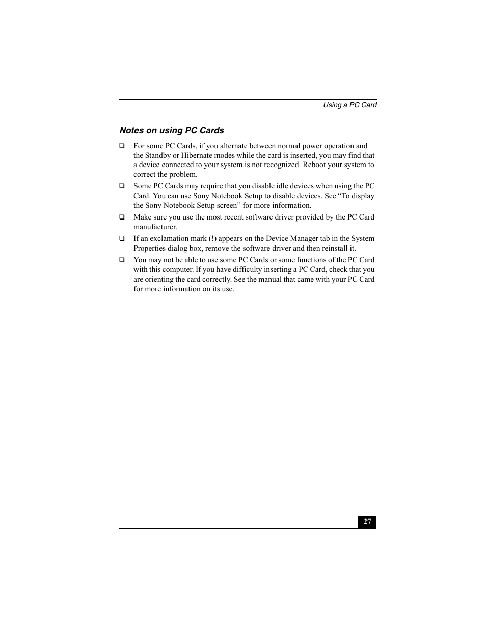 Notes on using pc cards | Sony PCG-R505EC User Manual | Page 27 / 222