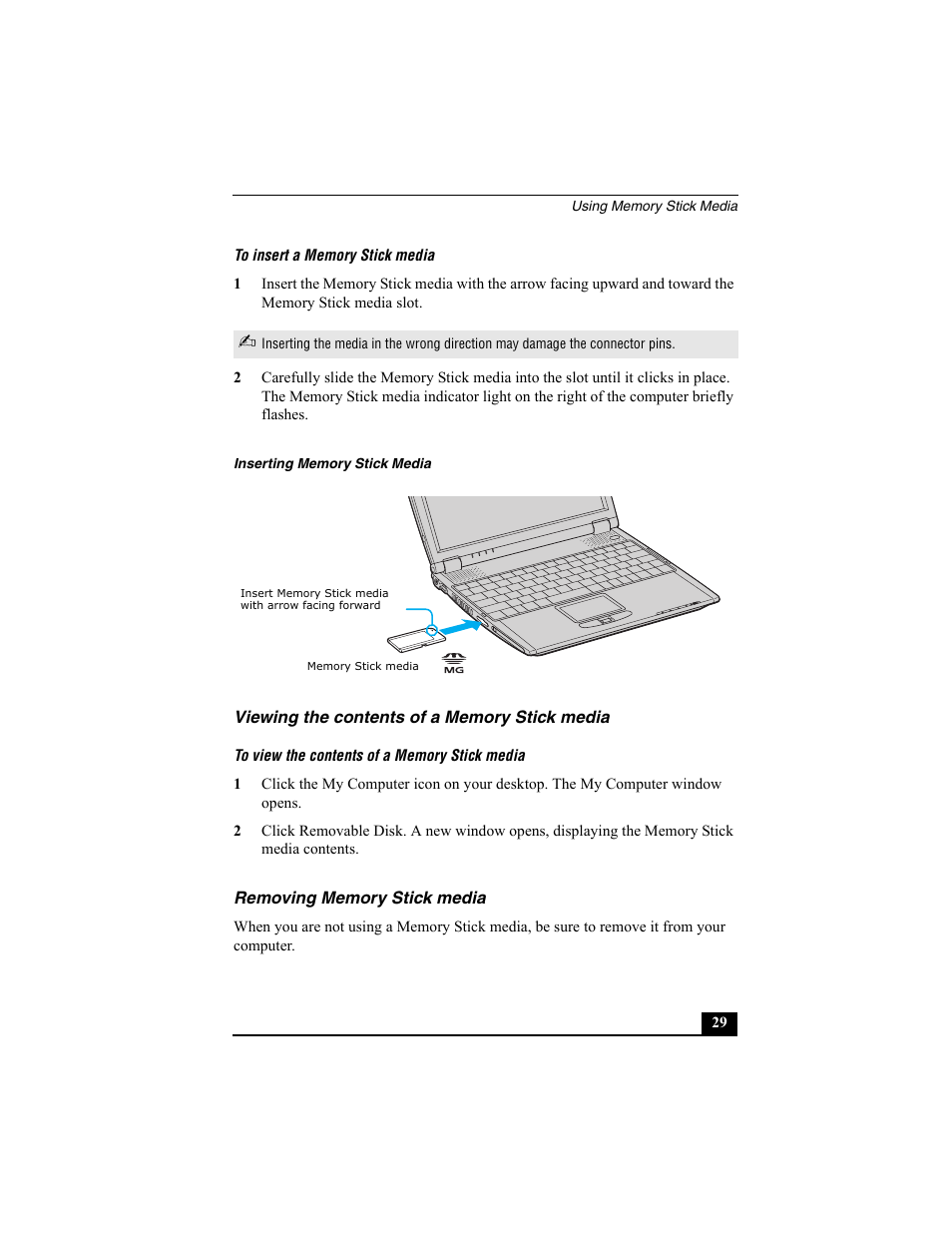 Viewing the contents of a memory stick media, Removing memory stick media | Sony PCG-R505EC User Manual | Page 29 / 222