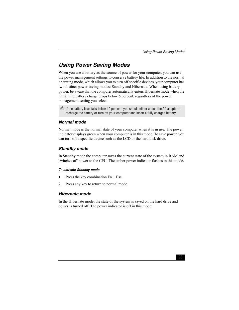 Using power saving modes, Normal mode, Standby mode | Hibernate mode, Normal mode standby mode hibernate mode | Sony PCG-R505EC User Manual | Page 33 / 222