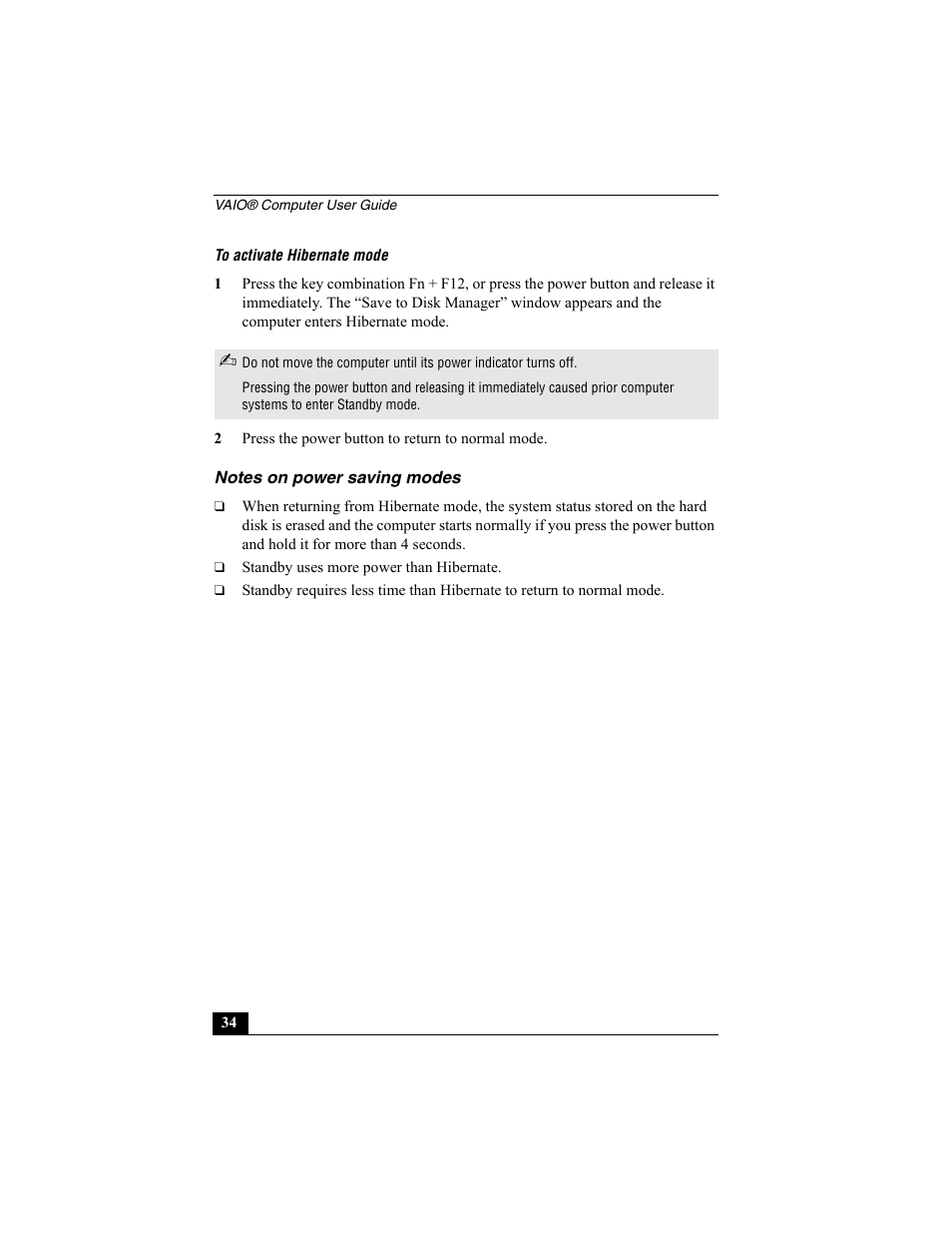 Notes on power saving modes | Sony PCG-R505EC User Manual | Page 34 / 222