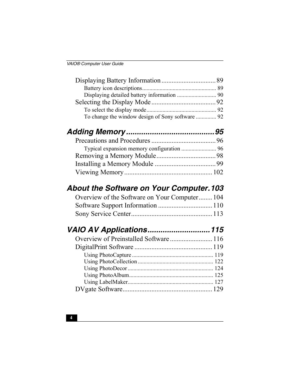 About the software on your computer.103, Vaio av applications | Sony PCG-R505EC User Manual | Page 4 / 222