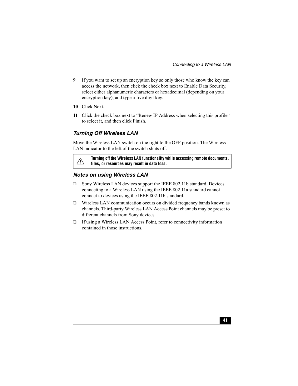 Turning off wireless lan, Notes on using wireless lan | Sony PCG-R505EC User Manual | Page 41 / 222