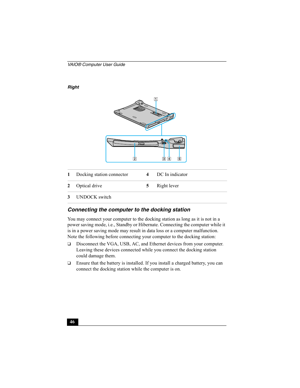 Connecting the computer to the docking station | Sony PCG-R505EC User Manual | Page 46 / 222