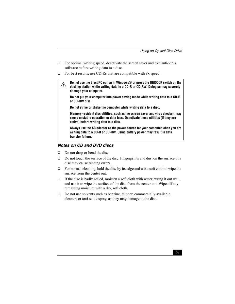 Notes on cd and dvd discs | Sony PCG-R505EC User Manual | Page 57 / 222