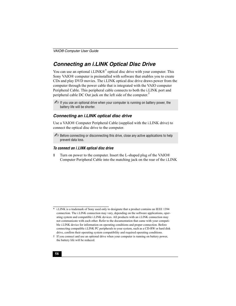 Connecting an i.link optical disc drive | Sony PCG-R505EC User Manual | Page 58 / 222