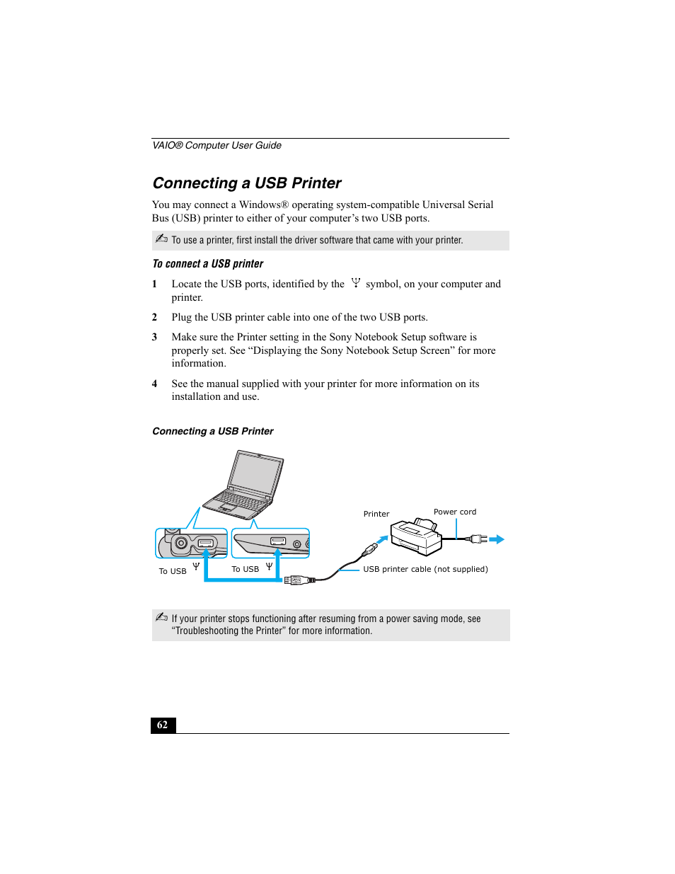 Connecting a usb printer | Sony PCG-R505EC User Manual | Page 62 / 222