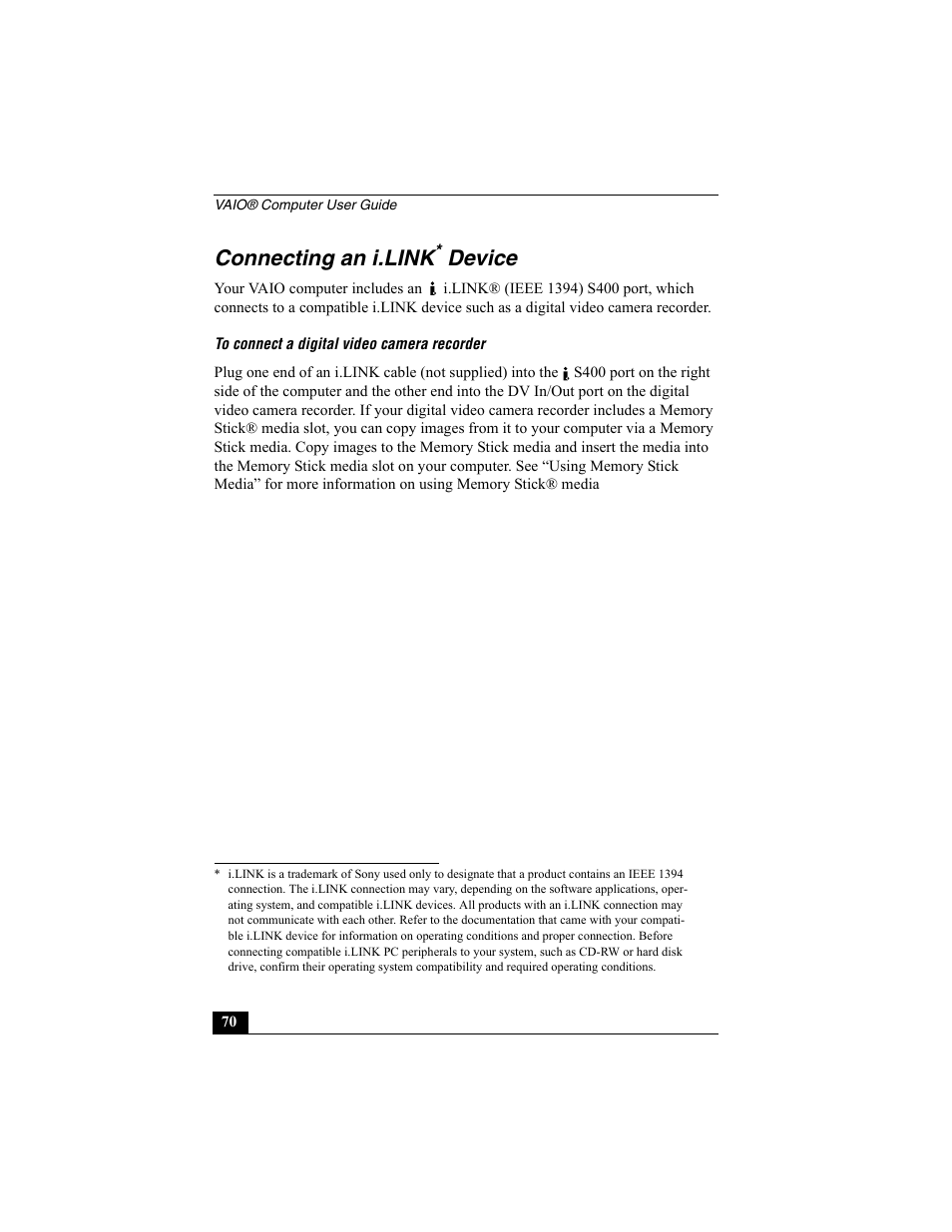 Connecting an i.link device, Connecting an i.link, Device | Sony PCG-R505EC User Manual | Page 70 / 222