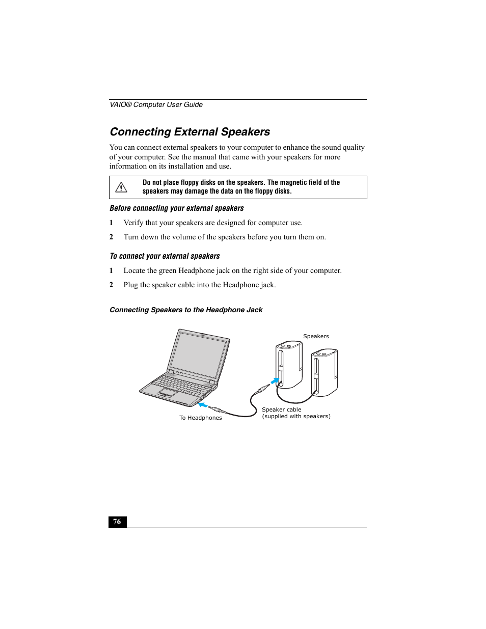 Connecting external speakers | Sony PCG-R505EC User Manual | Page 76 / 222