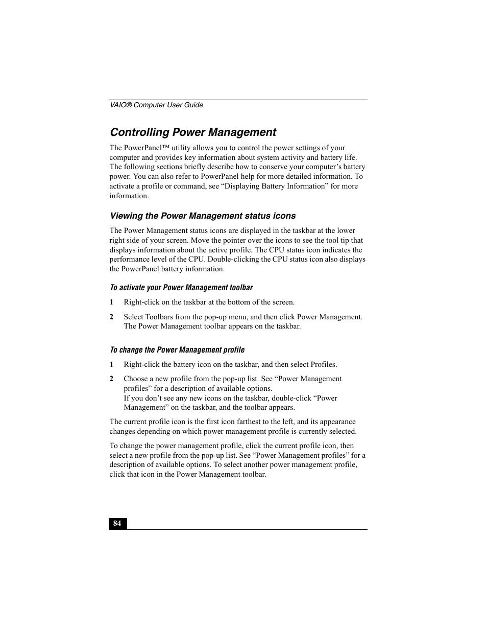 Controlling power management, Viewing the power management status icons | Sony PCG-R505EC User Manual | Page 84 / 222